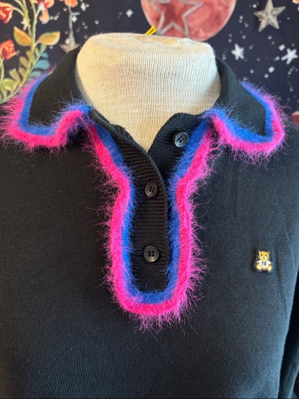 Teddy Fresh Black V-Neck Sweater with Pink & Blue Fuzzy Trim NWT Rare. - Picture 5 of 13